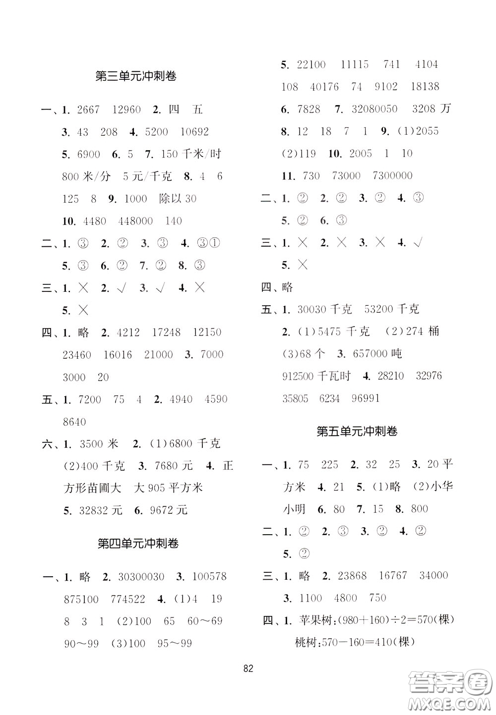 南京大學(xué)出版社2020年名師點(diǎn)撥期末沖刺滿分卷四年級(jí)下冊數(shù)學(xué)參考答案