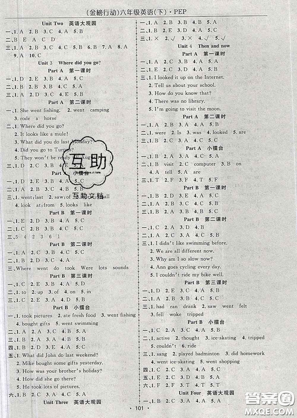 2020春金榜行動(dòng)高效課堂助教型教輔六年級(jí)英語下冊(cè)人教版答案