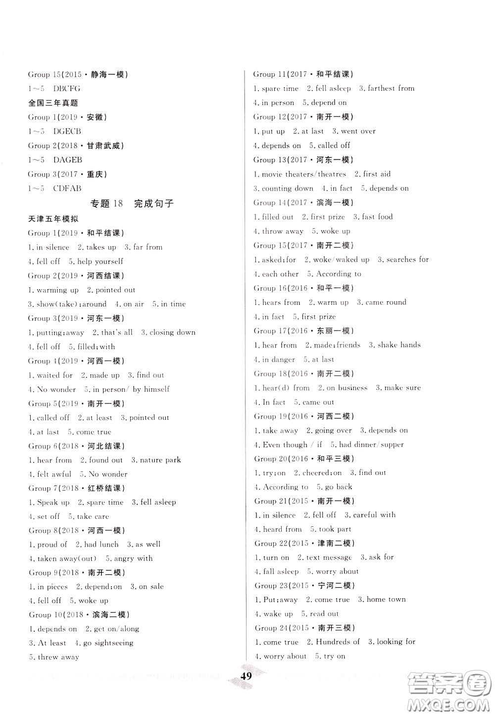 天津人民出版社2020年一飛沖天中考專項精品試題分類英語參考答案