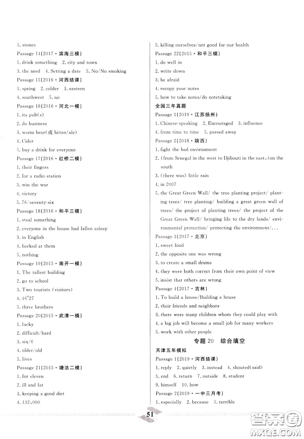 天津人民出版社2020年一飛沖天中考專項精品試題分類英語參考答案