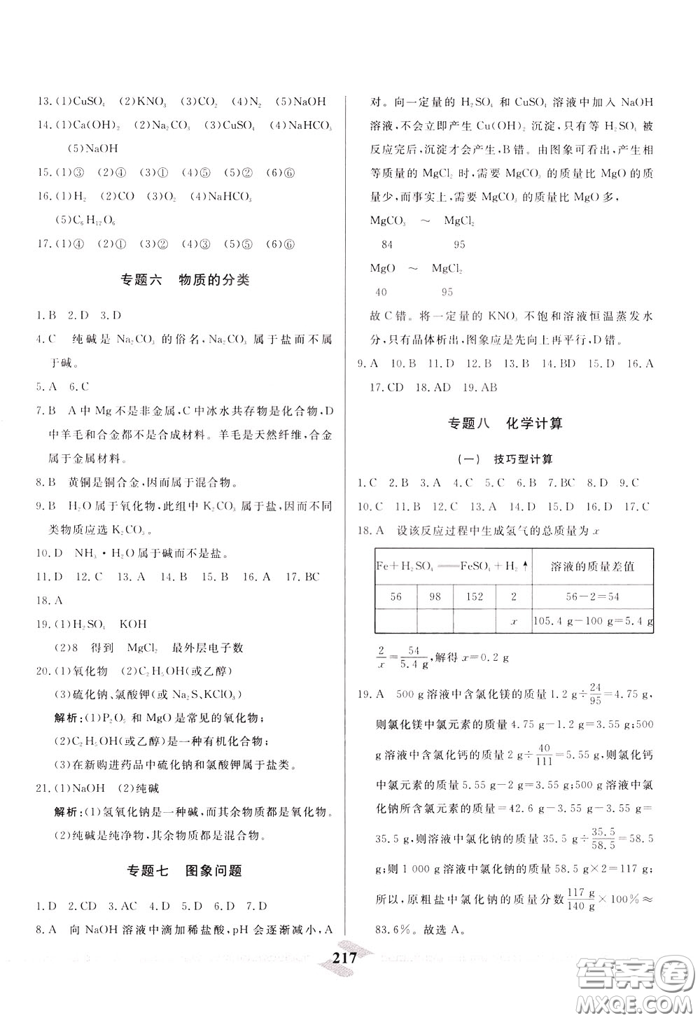 天津人民出版社2020年一飛沖天中考專(zhuān)項(xiàng)精品試題分類(lèi)化學(xué)參考答案