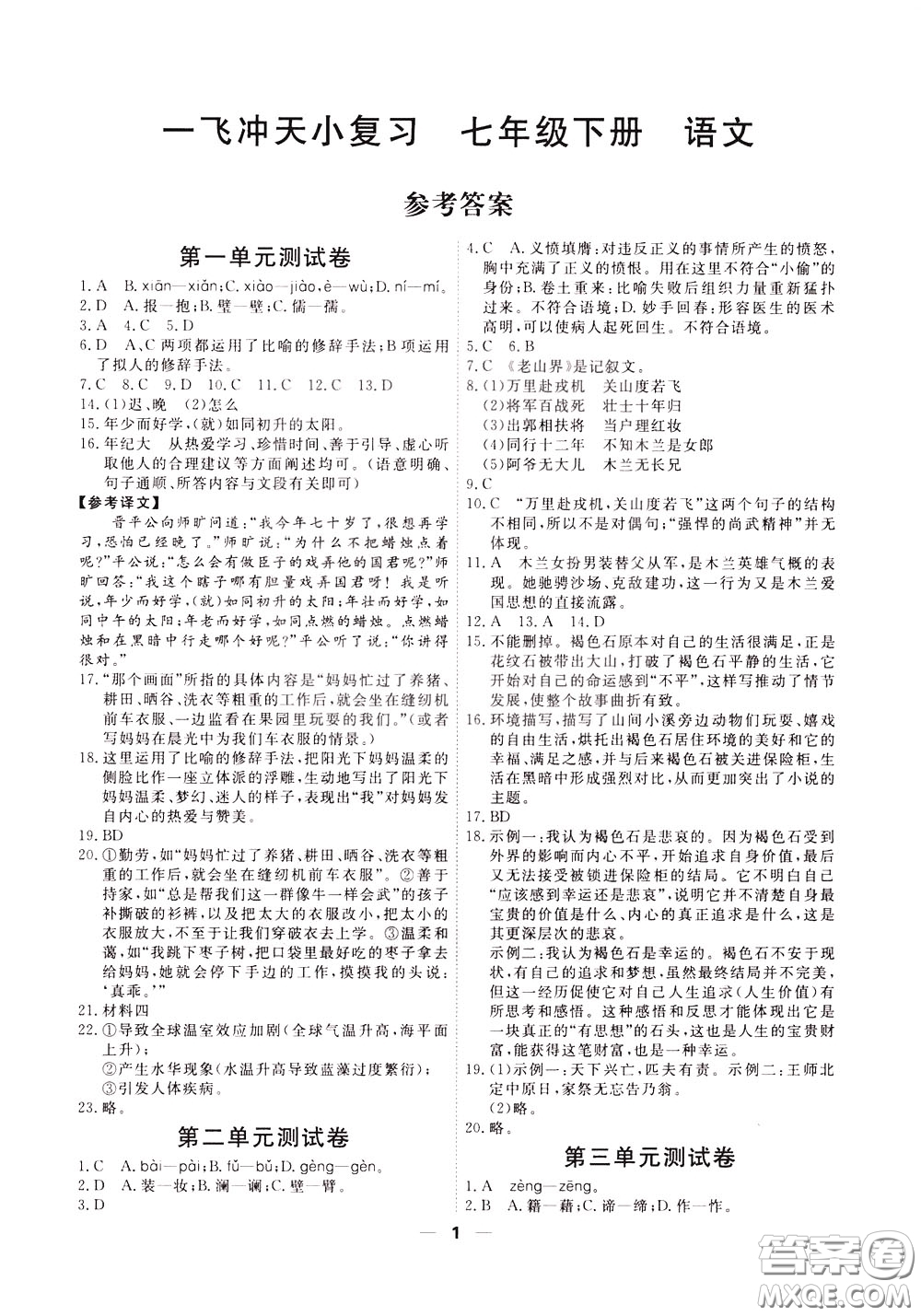 2020年一飛沖天小復(fù)習(xí)七年級(jí)下冊(cè)語(yǔ)文參考答案