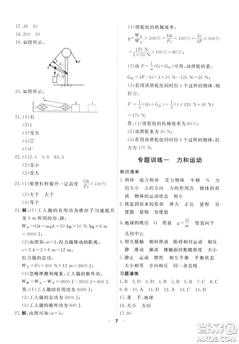 2020年一飛沖天小復習八年級下冊物理參考答案