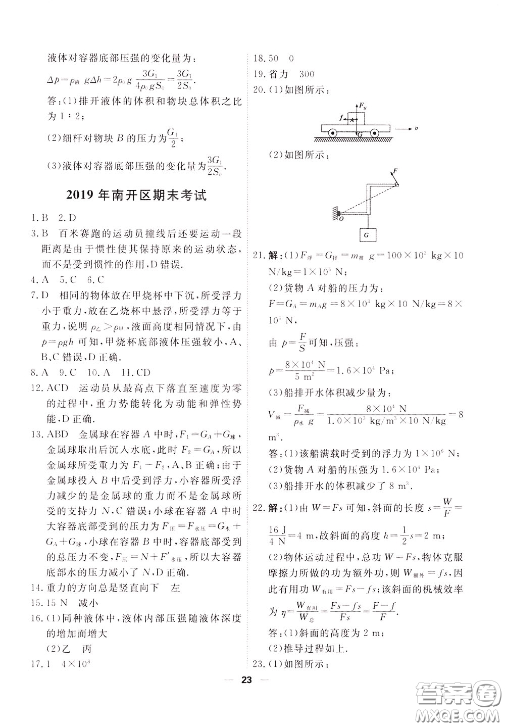 2020年一飛沖天小復習八年級下冊物理參考答案
