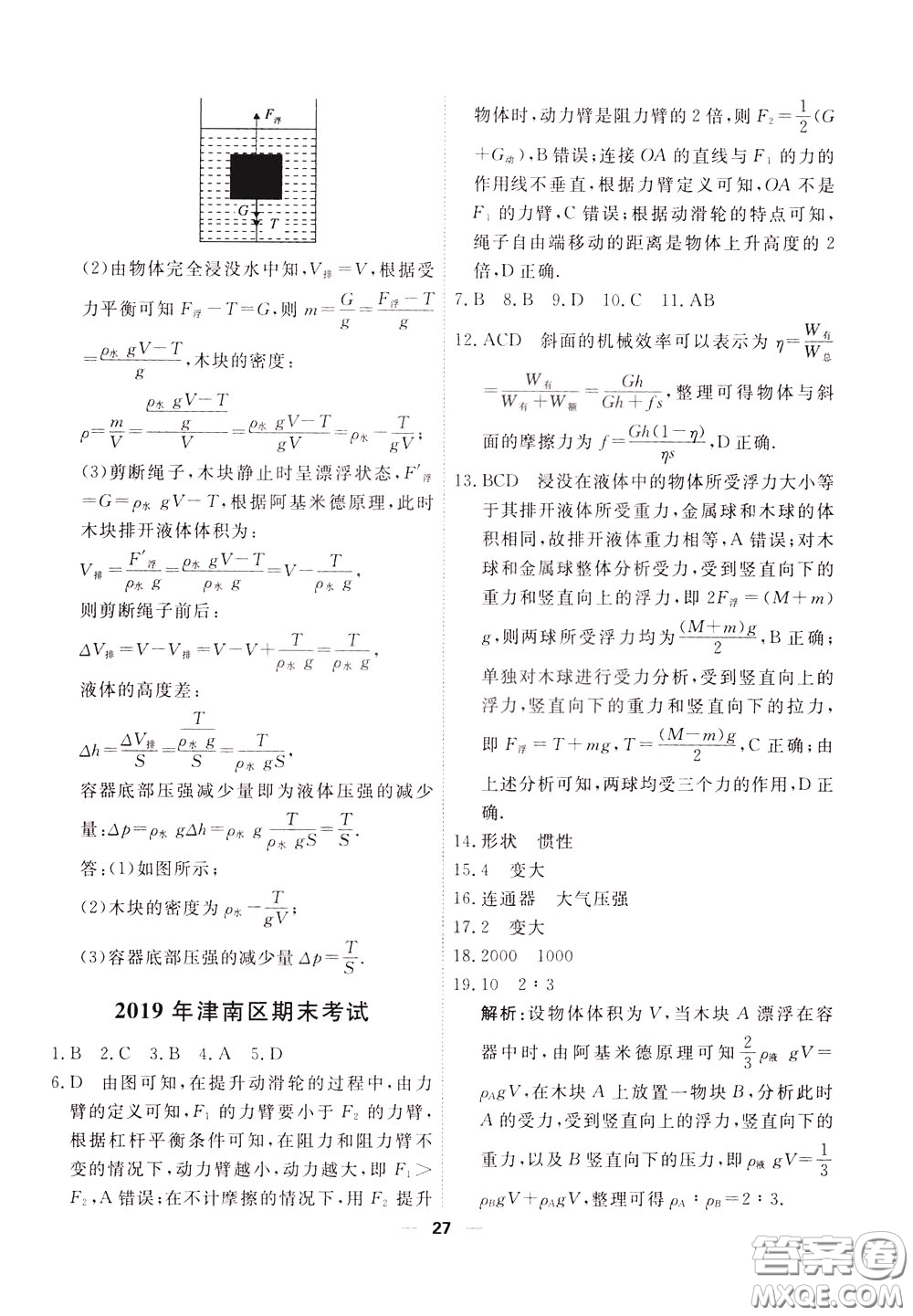 2020年一飛沖天小復習八年級下冊物理參考答案