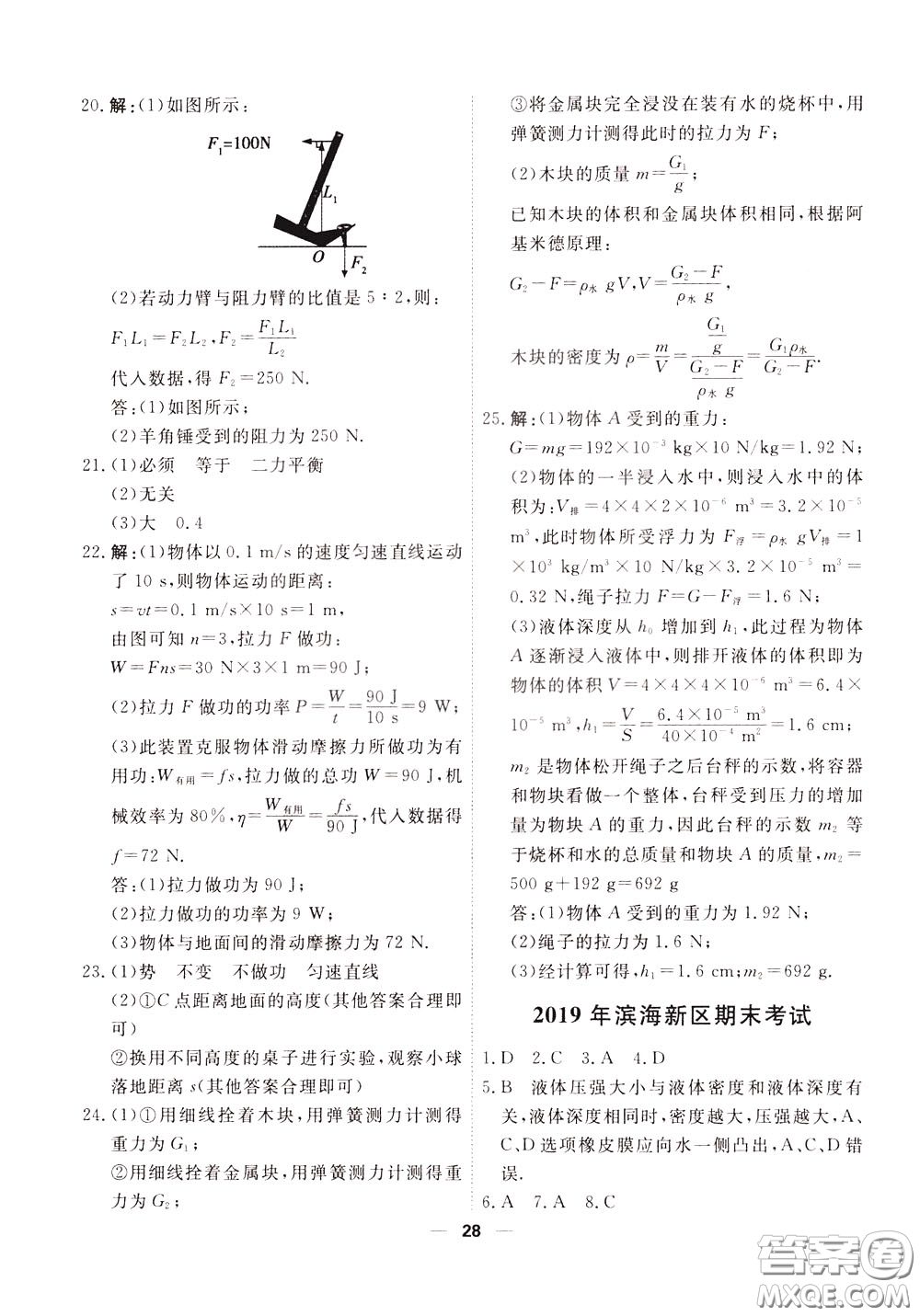 2020年一飛沖天小復習八年級下冊物理參考答案