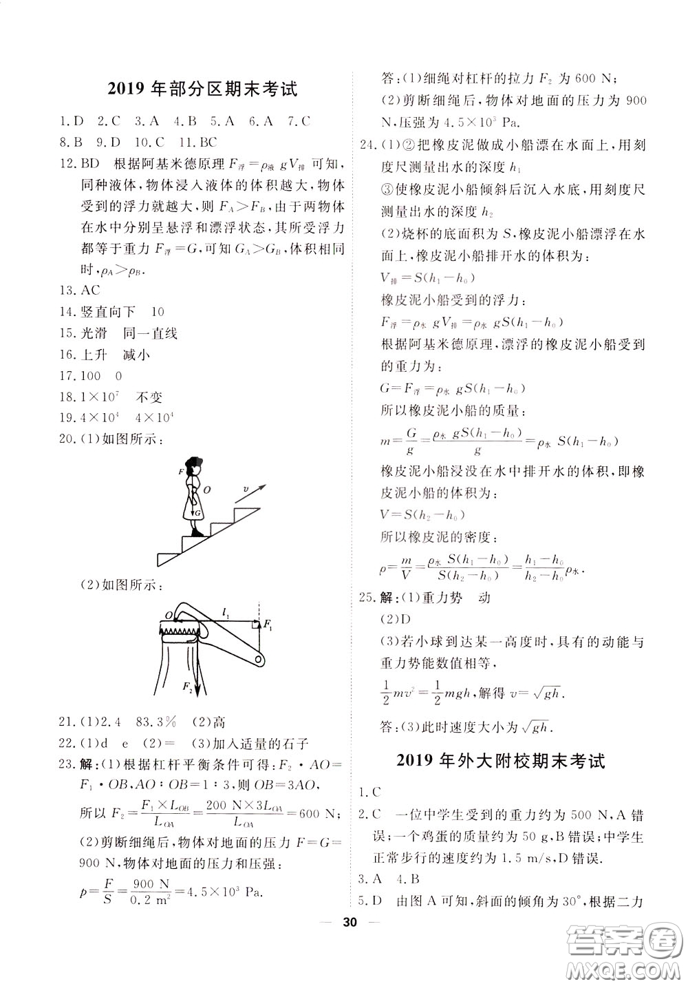 2020年一飛沖天小復習八年級下冊物理參考答案