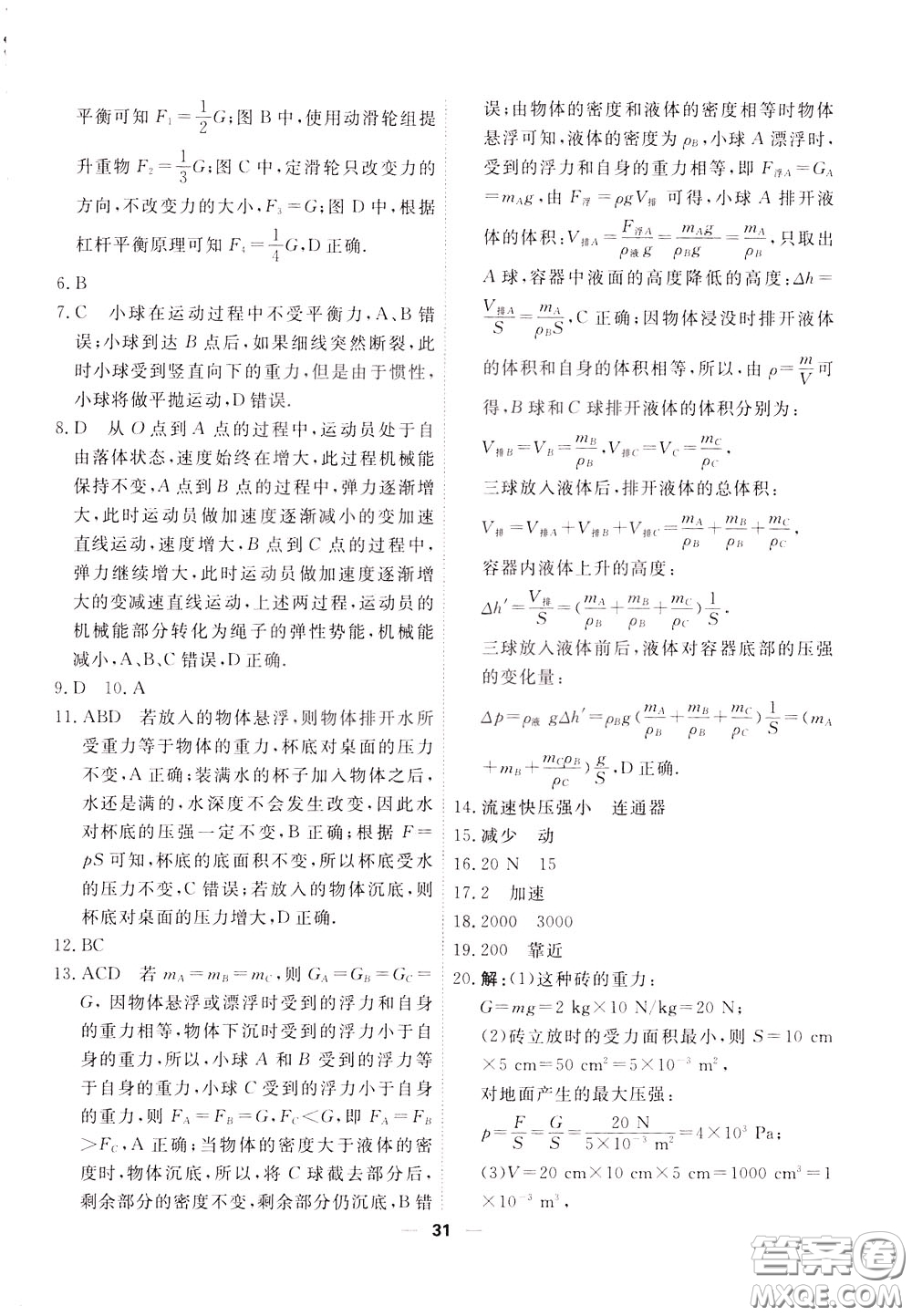 2020年一飛沖天小復習八年級下冊物理參考答案