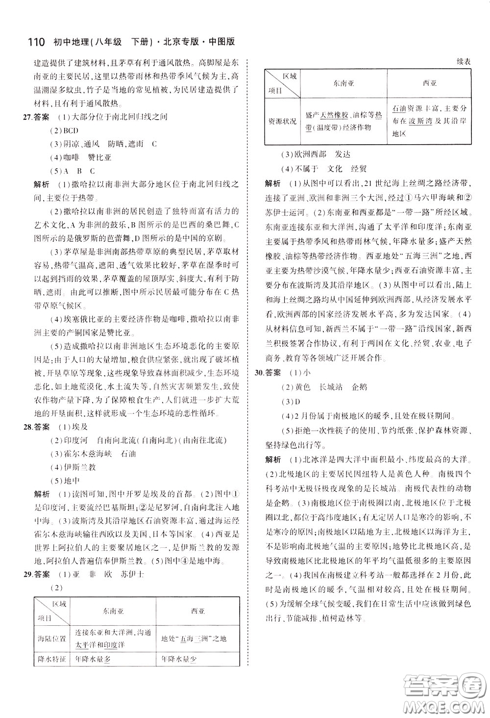 2020版5年中考3年模擬初中地理八年級(jí)下冊(cè)全練版中圖版北京專版參考答案