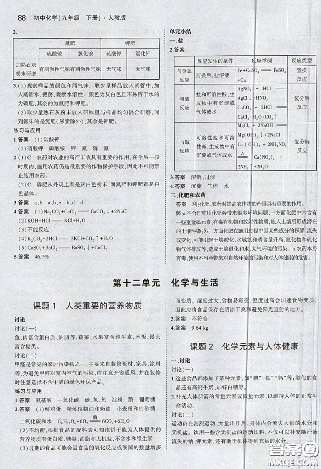 2020九年級(jí)化學(xué)課本下冊(cè)人教版答案