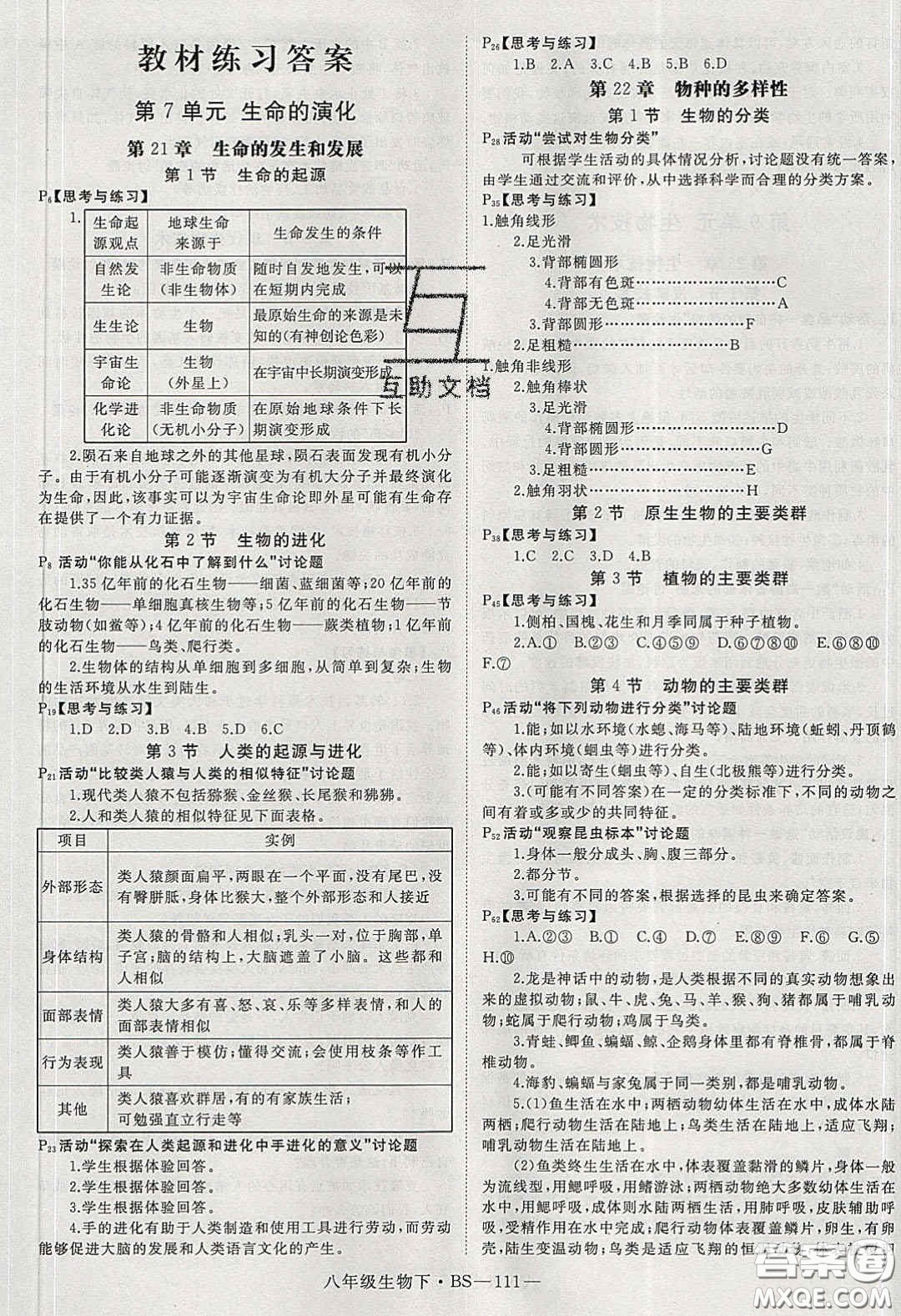 2020春優(yōu)翼學(xué)練優(yōu)八年級生物下冊北師大版答案