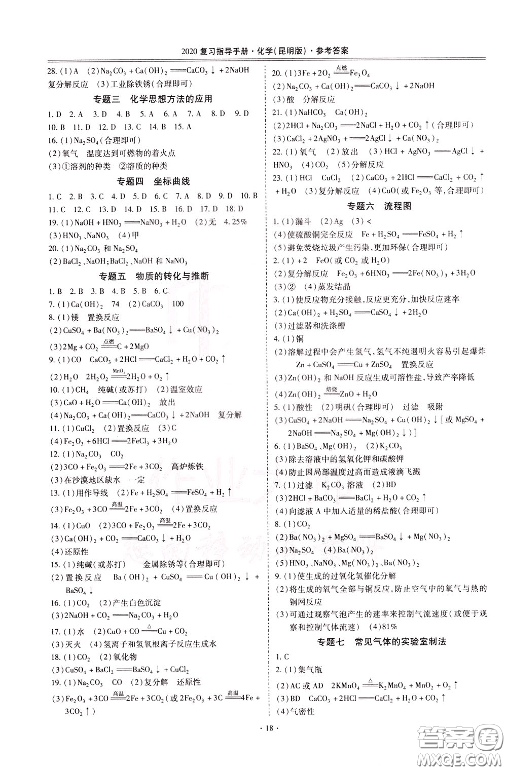 2020年昆明市初中學(xué)業(yè)水平考試復(fù)習(xí)指導(dǎo)手冊(cè)化學(xué)參考答案