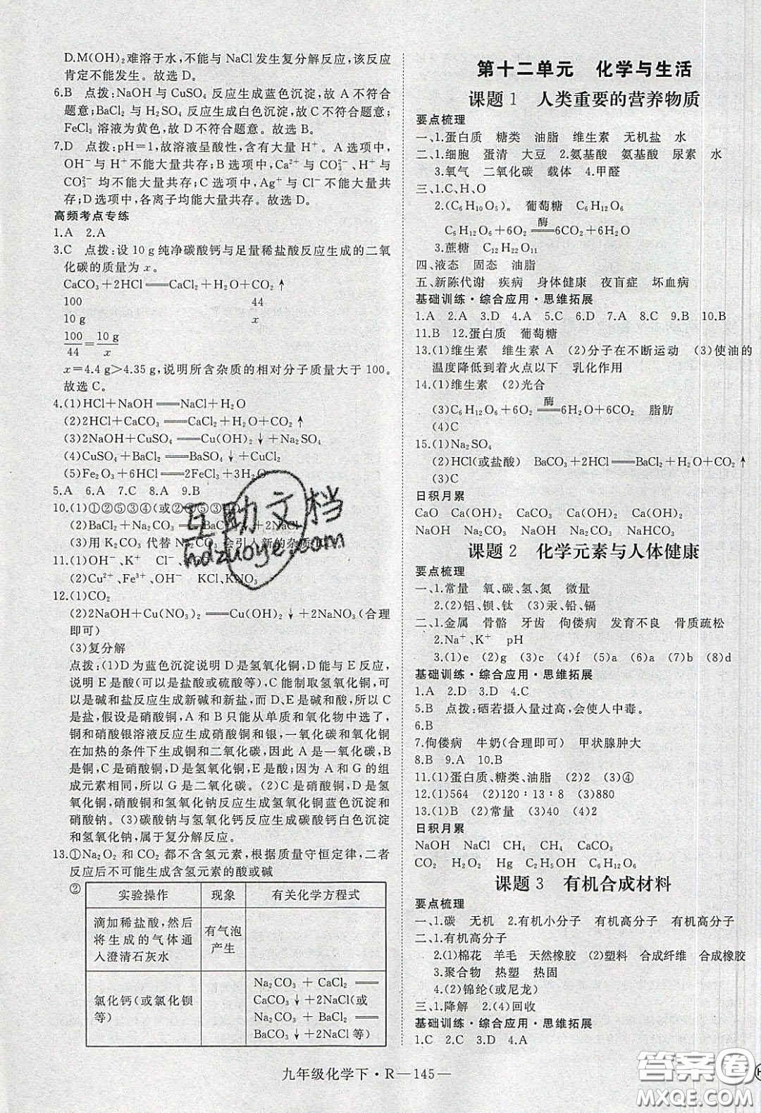 河南專用2020春優(yōu)翼學練優(yōu)九年級化學下冊人教版答案