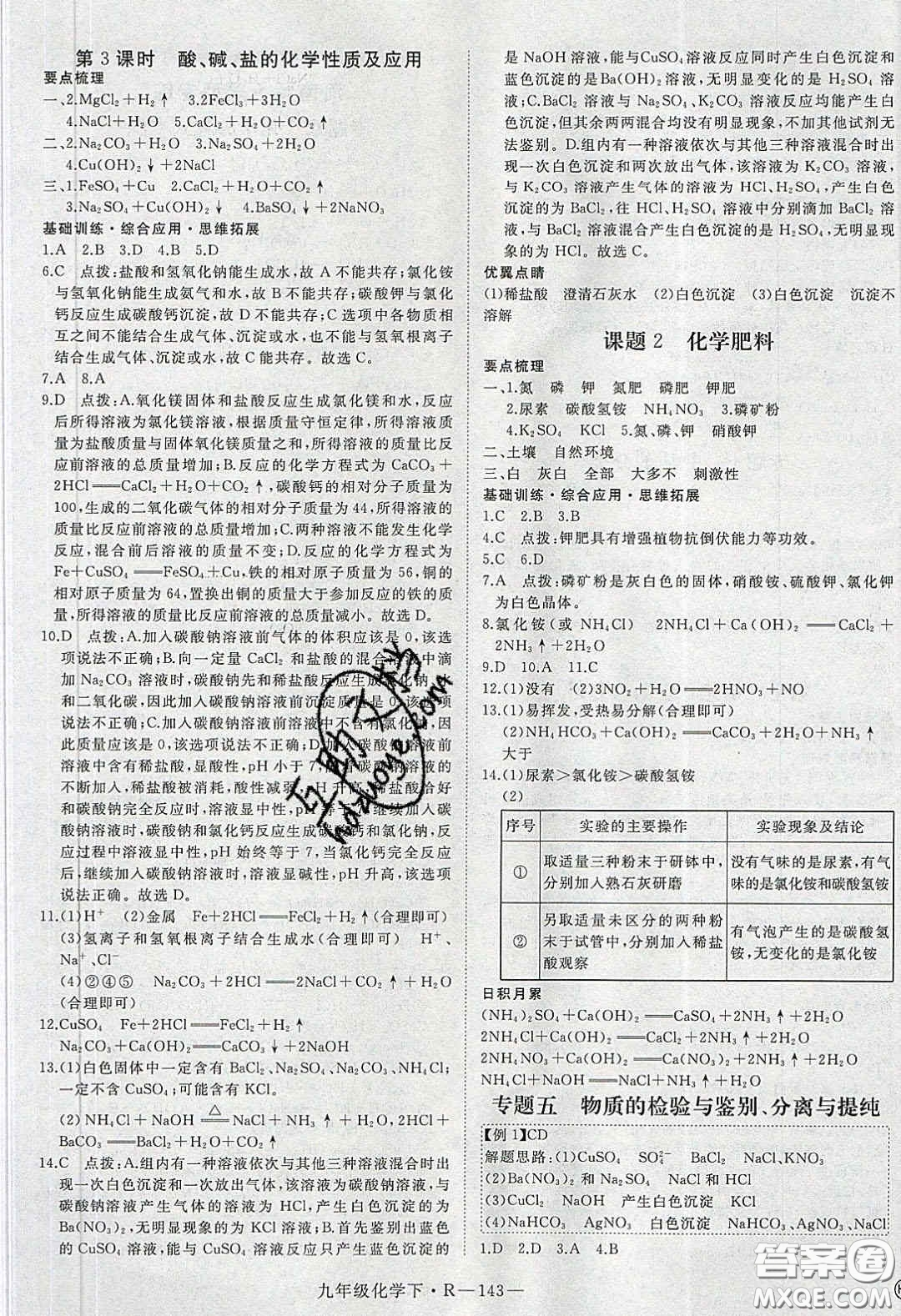河南專用2020春優(yōu)翼學練優(yōu)九年級化學下冊人教版答案