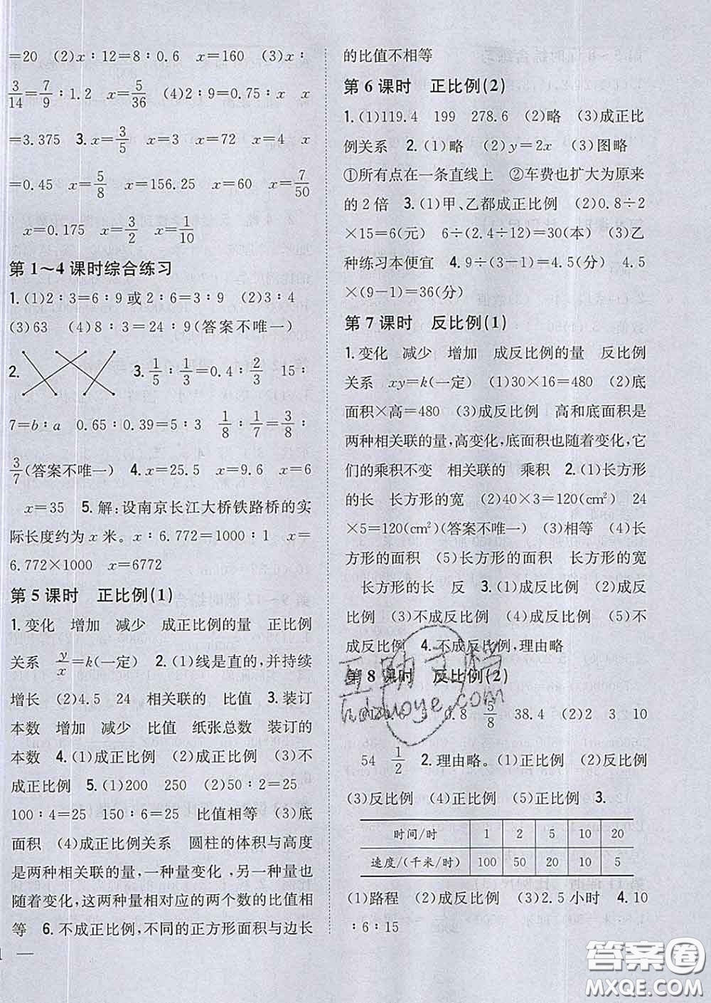 2020春梓耕書系小學(xué)題幫六年級數(shù)學(xué)下冊人教版答案