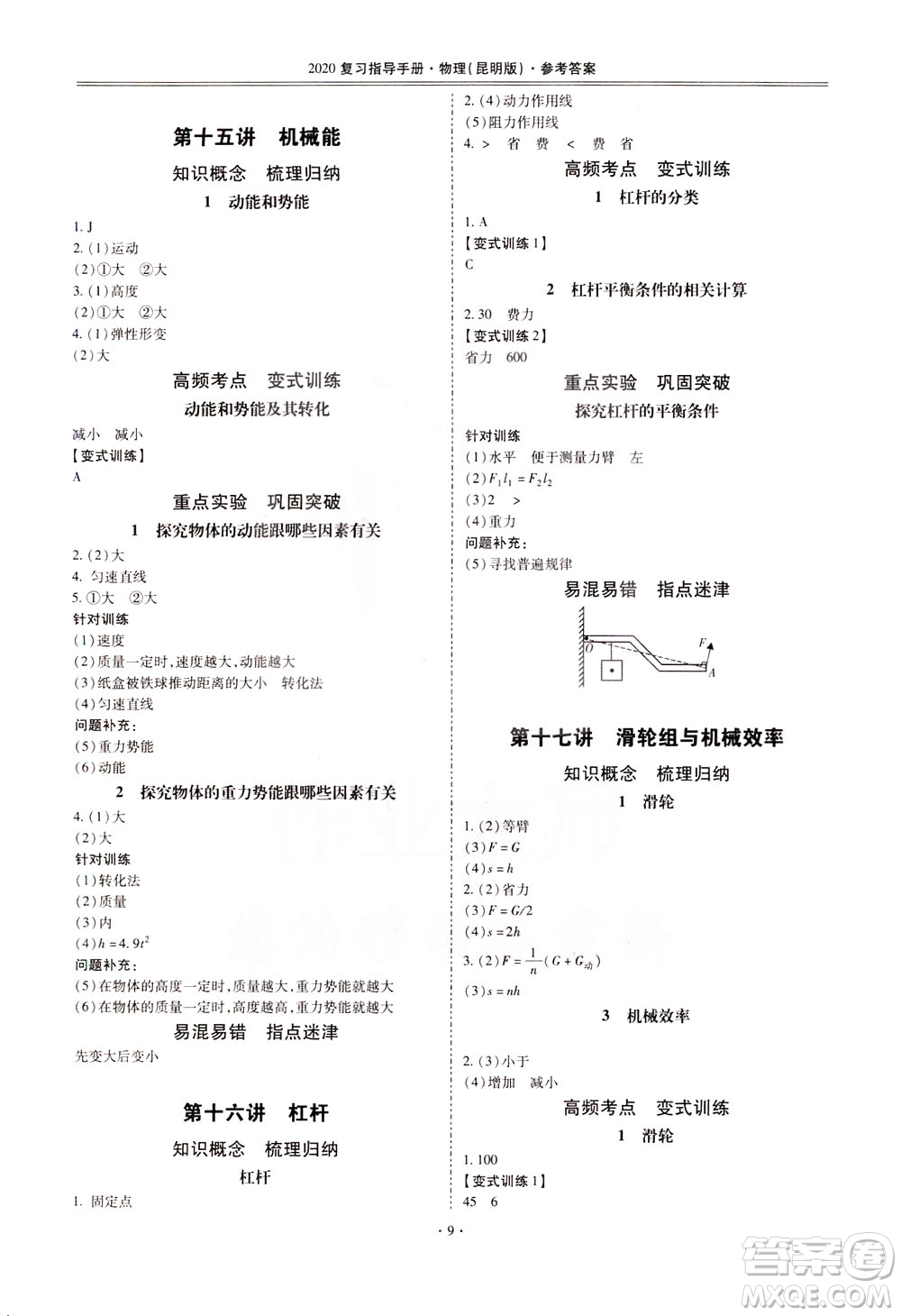 2020年昆明市初中學(xué)業(yè)水平考試復(fù)習(xí)指導(dǎo)手冊物理參考答案