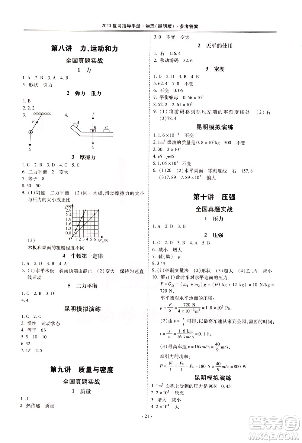 2020年昆明市初中學(xué)業(yè)水平考試復(fù)習(xí)指導(dǎo)手冊物理參考答案
