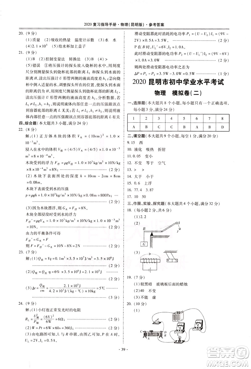 2020年昆明市初中學(xué)業(yè)水平考試復(fù)習(xí)指導(dǎo)手冊物理參考答案