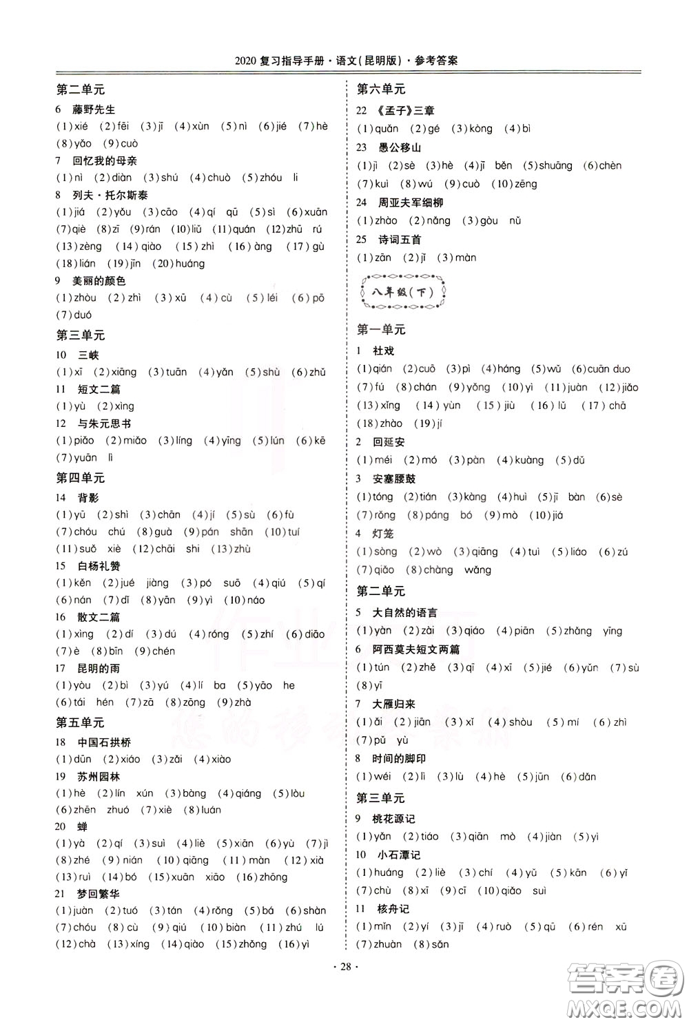 2020年昆明市初中學業(yè)水平考試復習指導手冊語文考點復習參考答案