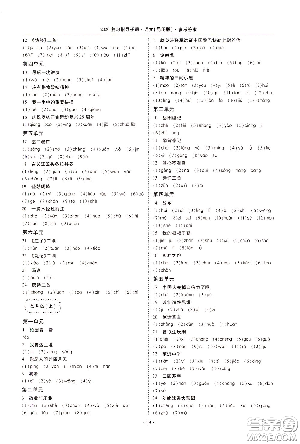 2020年昆明市初中學業(yè)水平考試復習指導手冊語文考點復習參考答案
