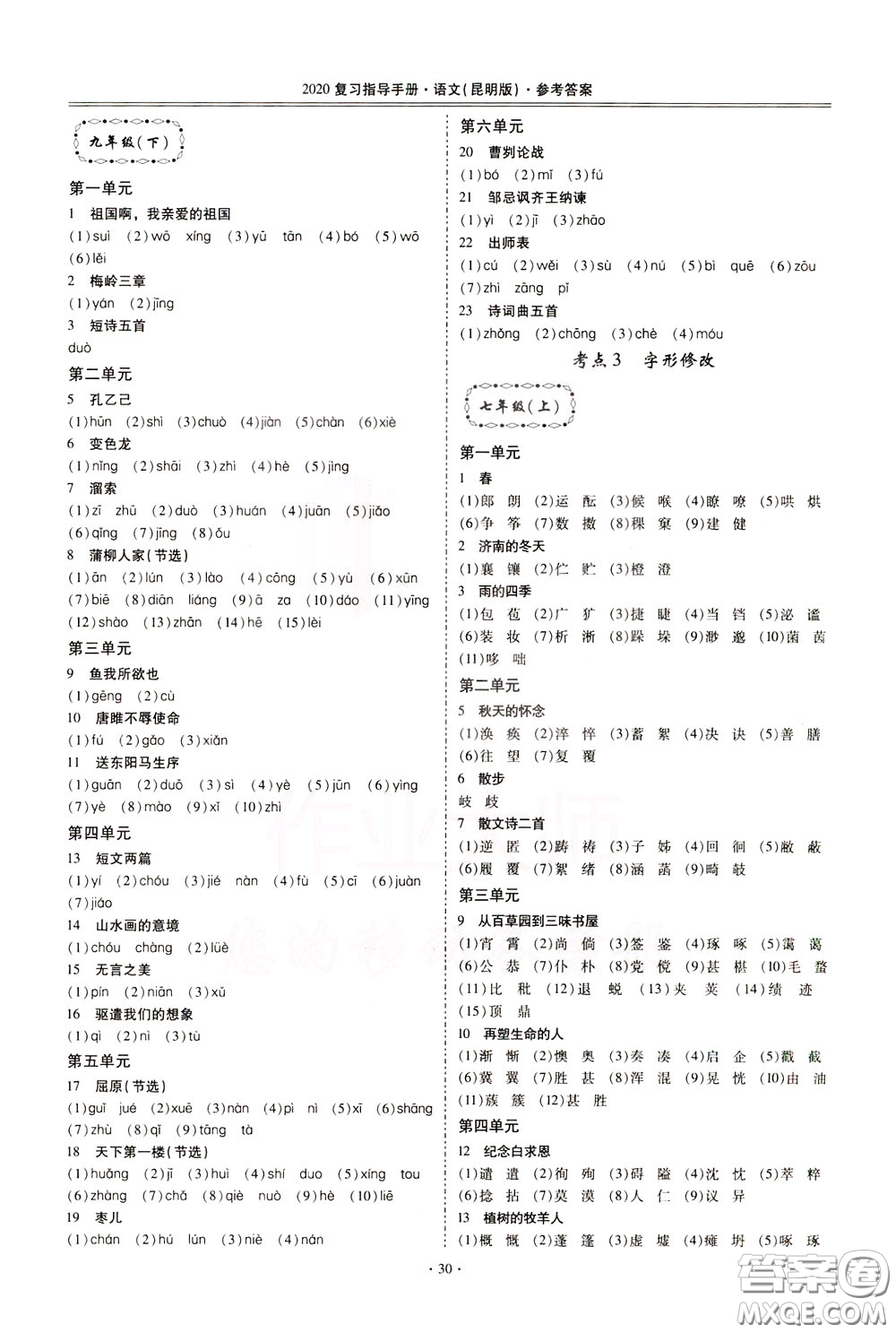 2020年昆明市初中學業(yè)水平考試復習指導手冊語文考點復習參考答案