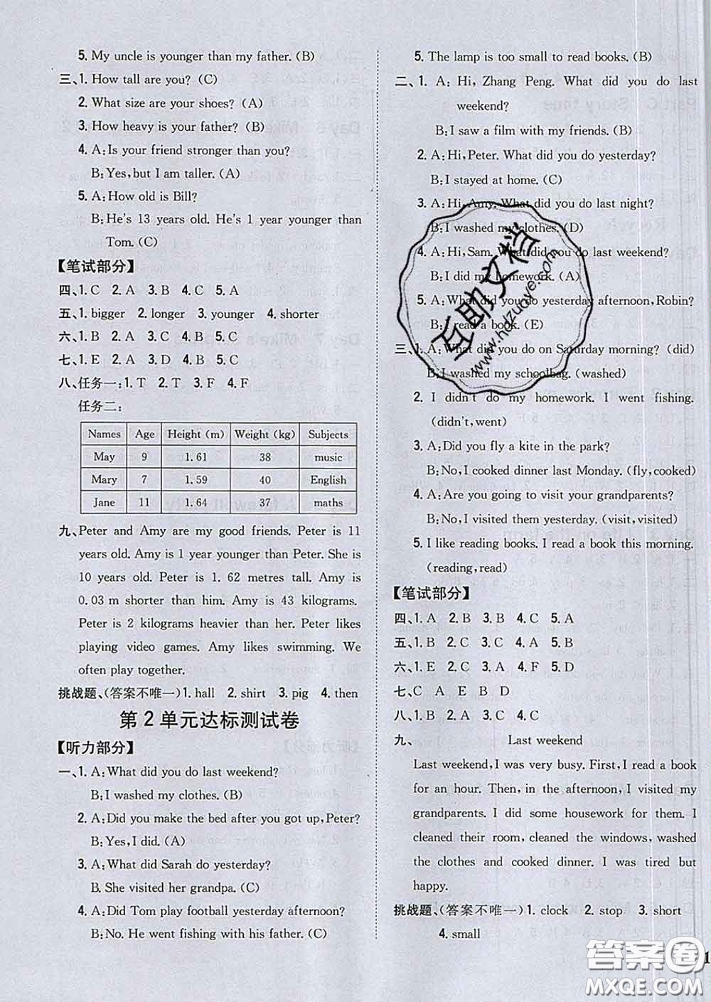 2020春梓耕書系小學(xué)題幫六年級(jí)英語下冊(cè)人教版答案