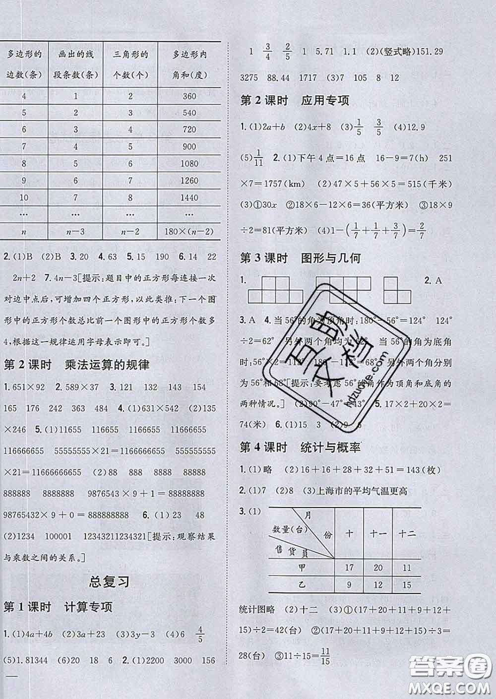 2020春梓耕書(shū)系小學(xué)題幫四年級(jí)數(shù)學(xué)下冊(cè)冀教版答案