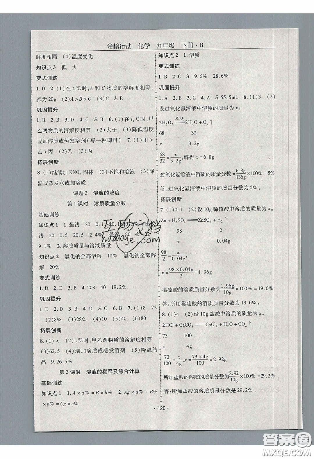 海韻圖書2020年金榜行動課時導(dǎo)學(xué)案九年級化學(xué)下冊人教版答案