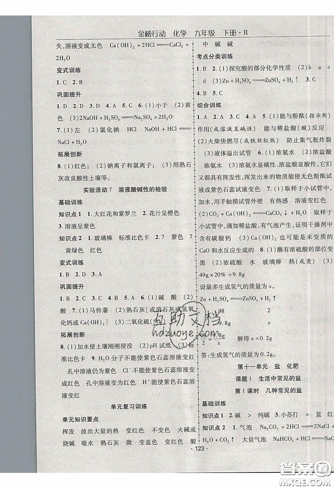 海韻圖書2020年金榜行動課時導(dǎo)學(xué)案九年級化學(xué)下冊人教版答案