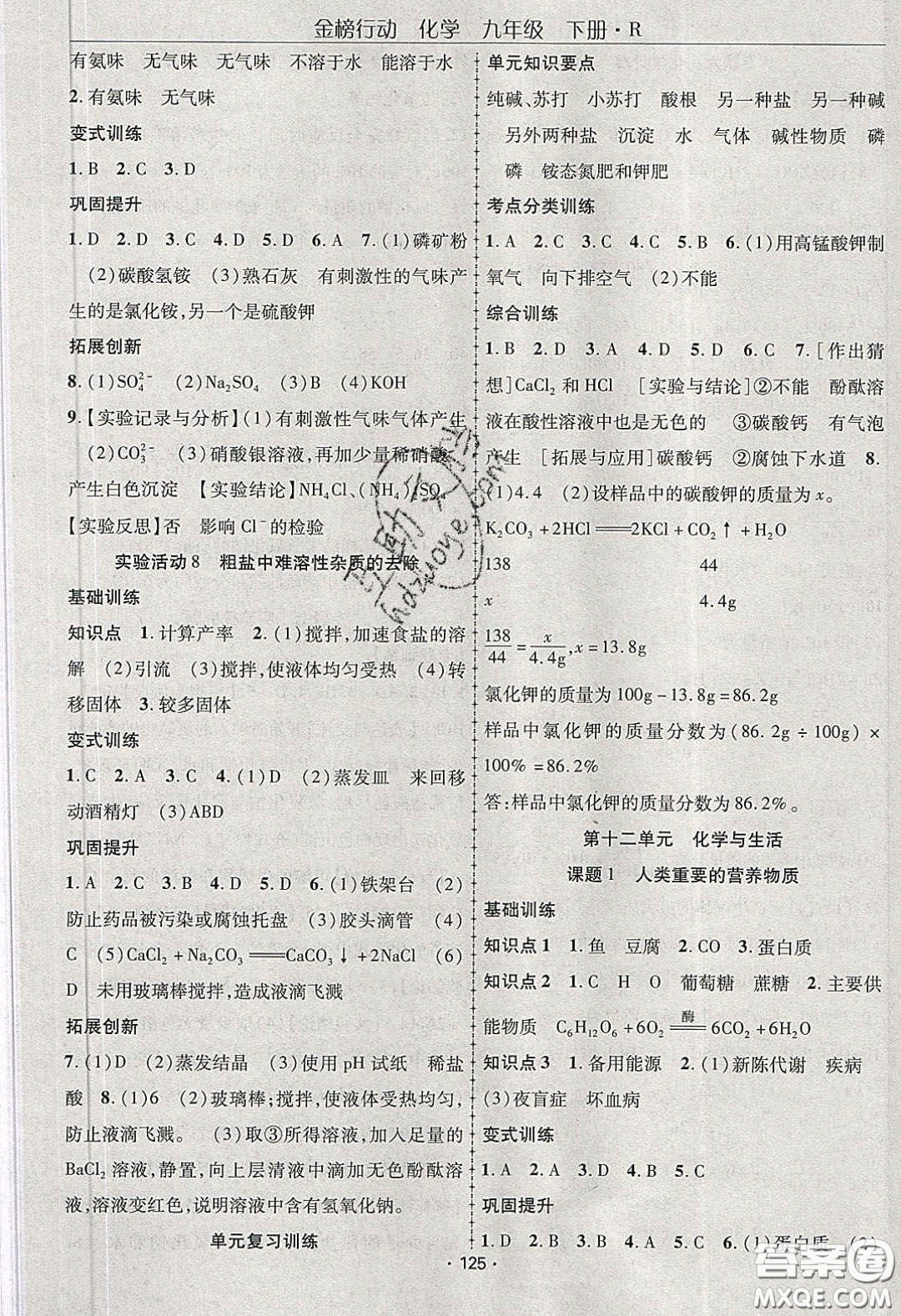 海韻圖書2020年金榜行動課時導(dǎo)學(xué)案九年級化學(xué)下冊人教版答案