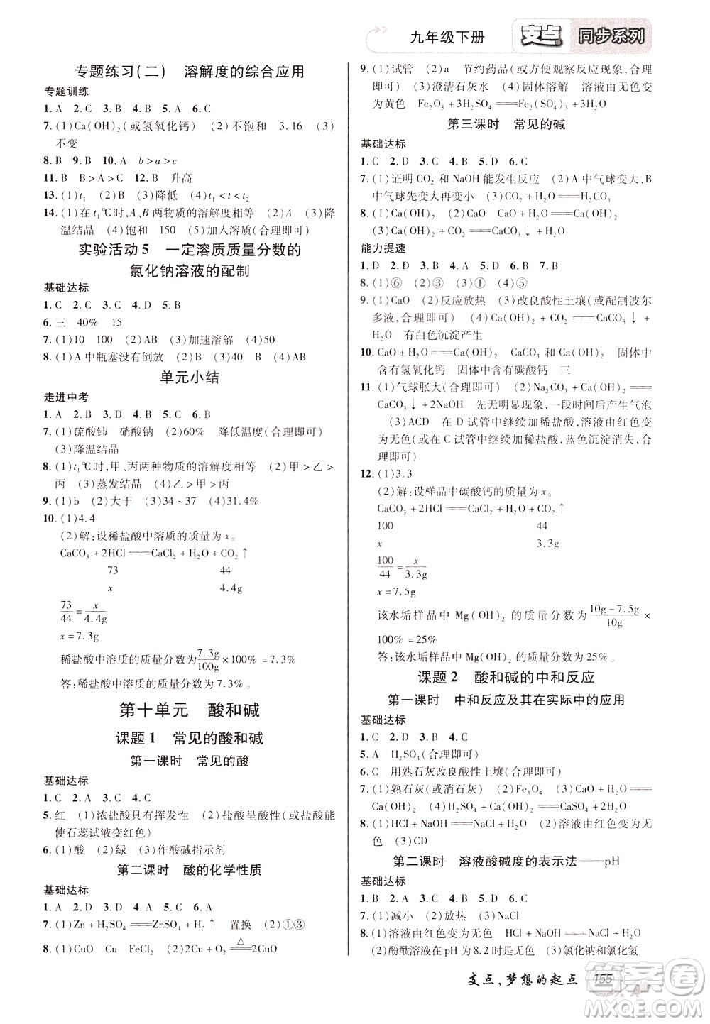 2020年支點(diǎn)化學(xué)九年級(jí)下冊(cè)RJ版人教版江西專版參考答案
