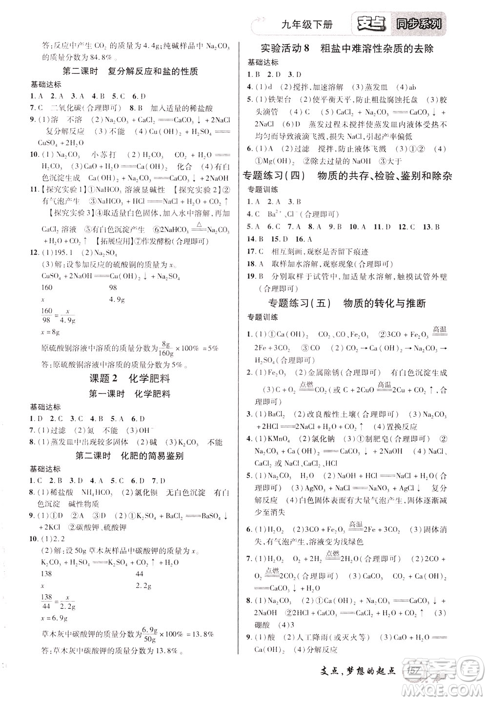 2020年支點(diǎn)化學(xué)九年級(jí)下冊(cè)RJ版人教版江西專版參考答案