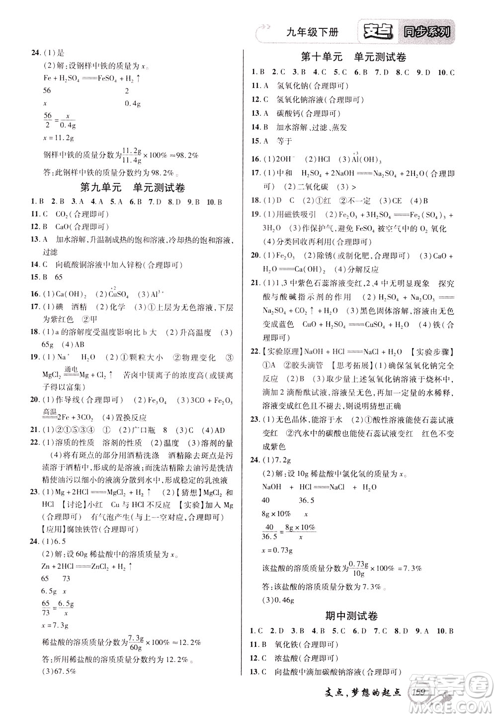 2020年支點(diǎn)化學(xué)九年級(jí)下冊(cè)RJ版人教版江西專版參考答案