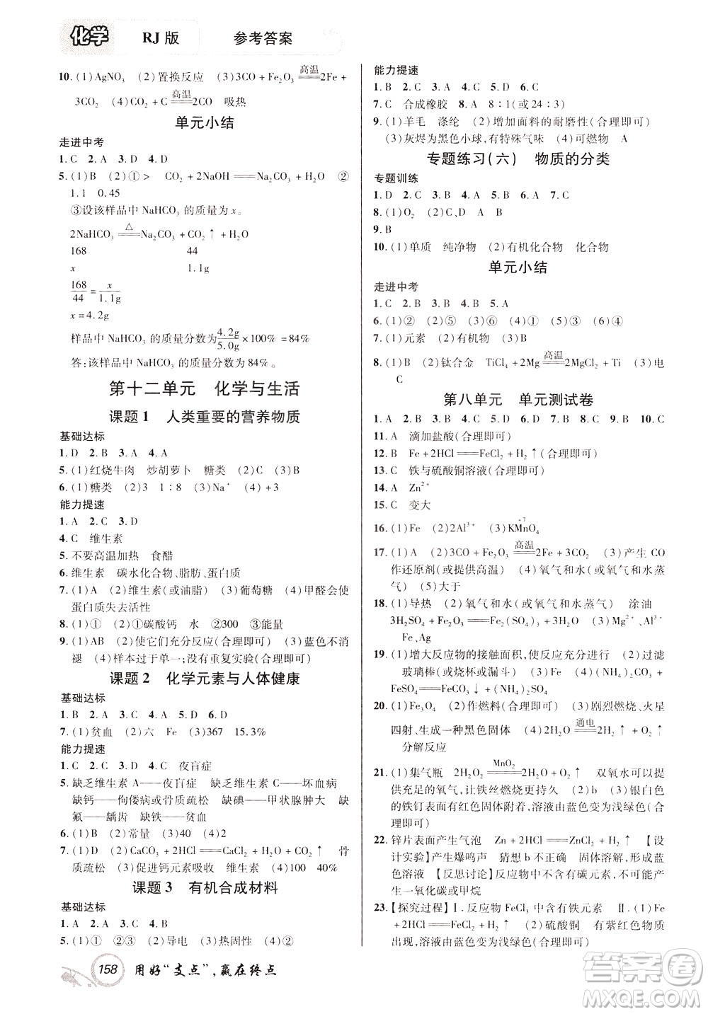 2020年支點(diǎn)化學(xué)九年級(jí)下冊(cè)RJ版人教版江西專版參考答案