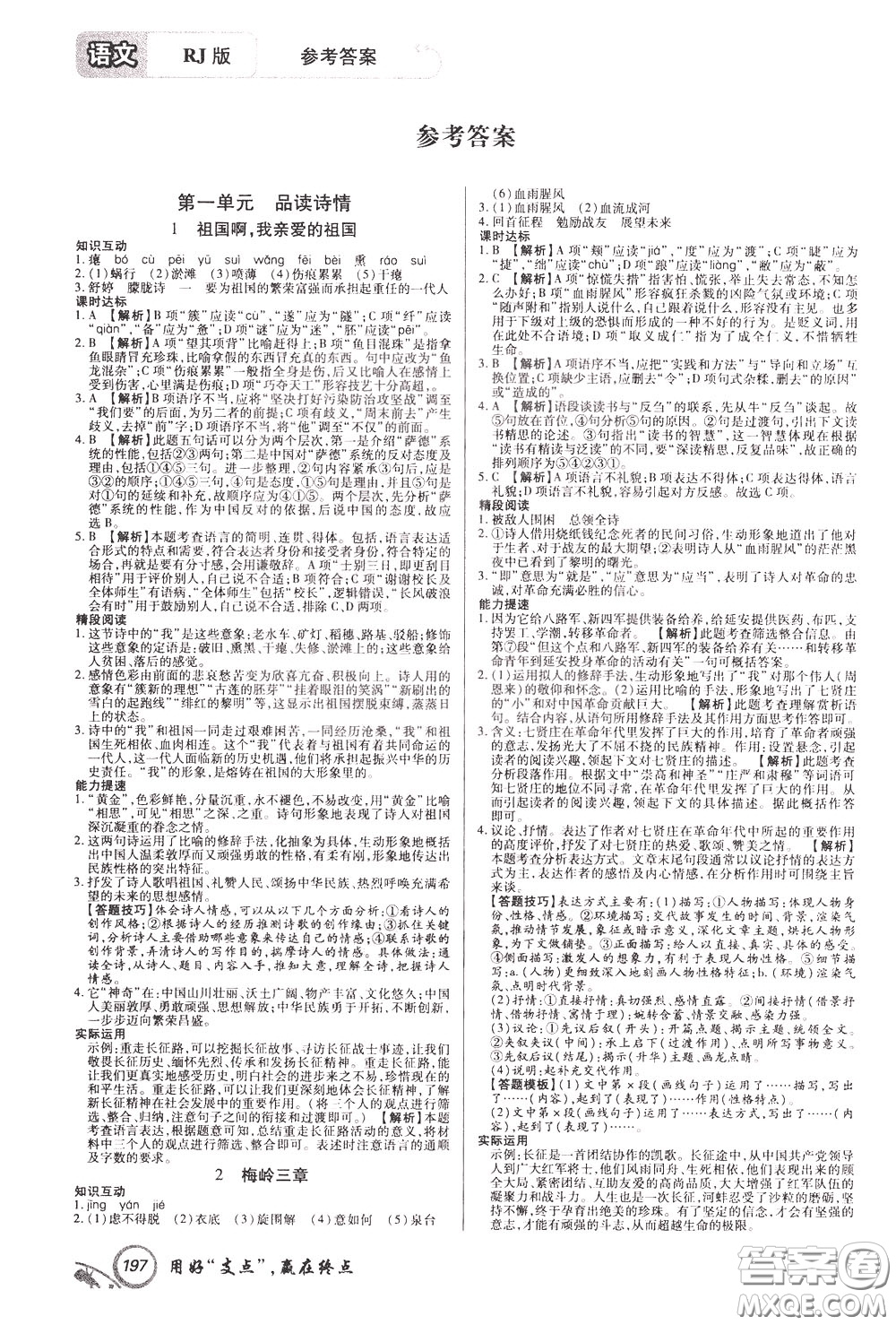 2020年支點(diǎn)語(yǔ)文九年級(jí)下冊(cè)RJ版人教版江西專(zhuān)版參考答案