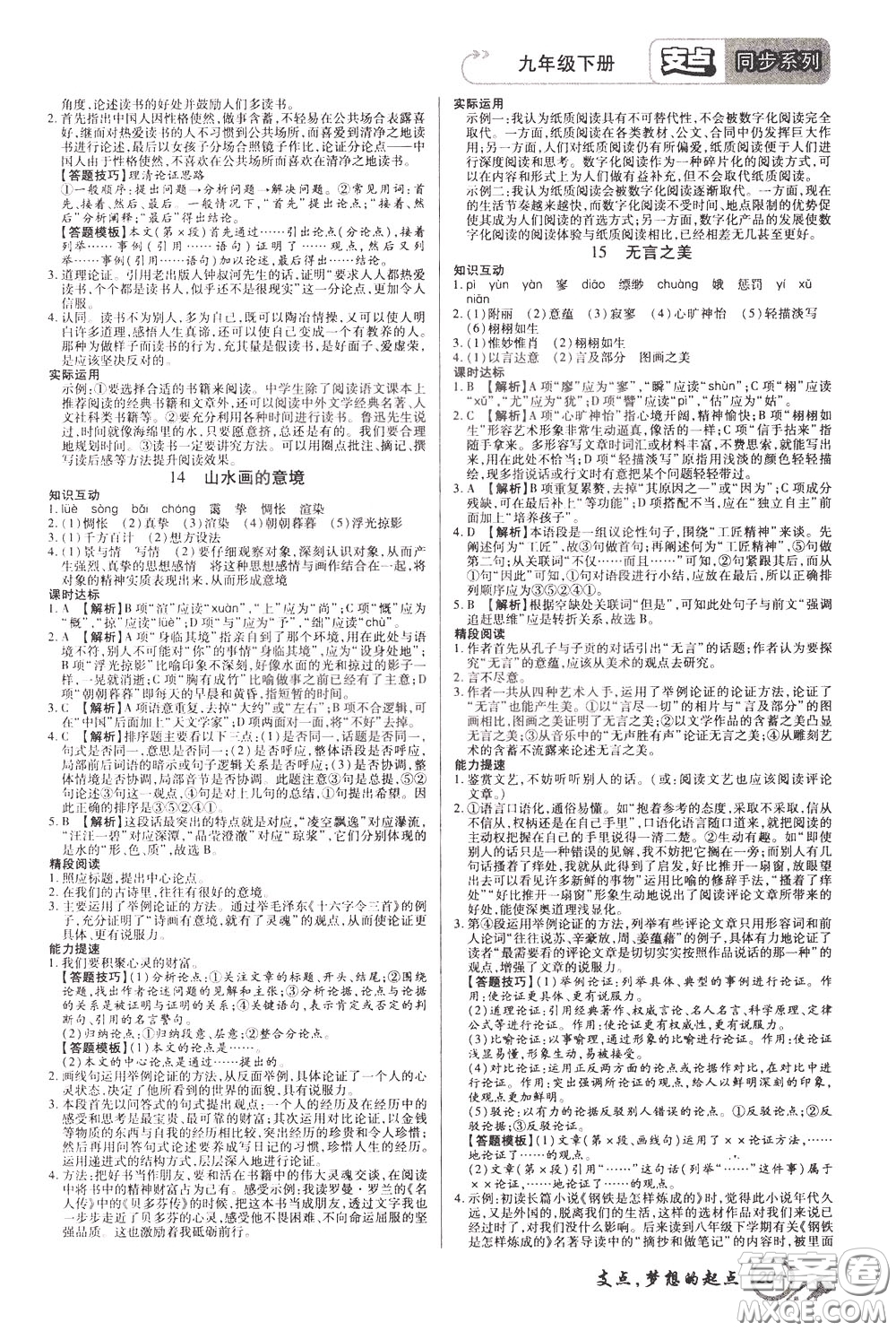 2020年支點(diǎn)語(yǔ)文九年級(jí)下冊(cè)RJ版人教版江西專(zhuān)版參考答案