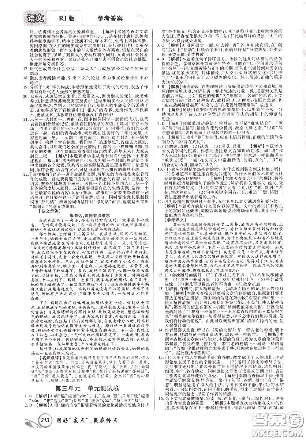 2020年支點(diǎn)語(yǔ)文九年級(jí)下冊(cè)RJ版人教版江西專(zhuān)版參考答案