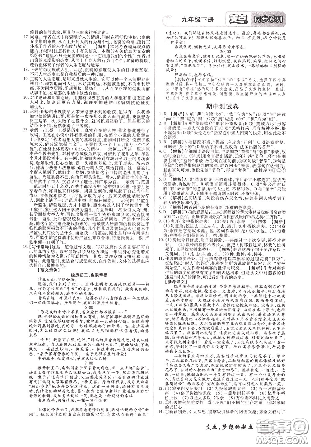 2020年支點(diǎn)語(yǔ)文九年級(jí)下冊(cè)RJ版人教版江西專(zhuān)版參考答案