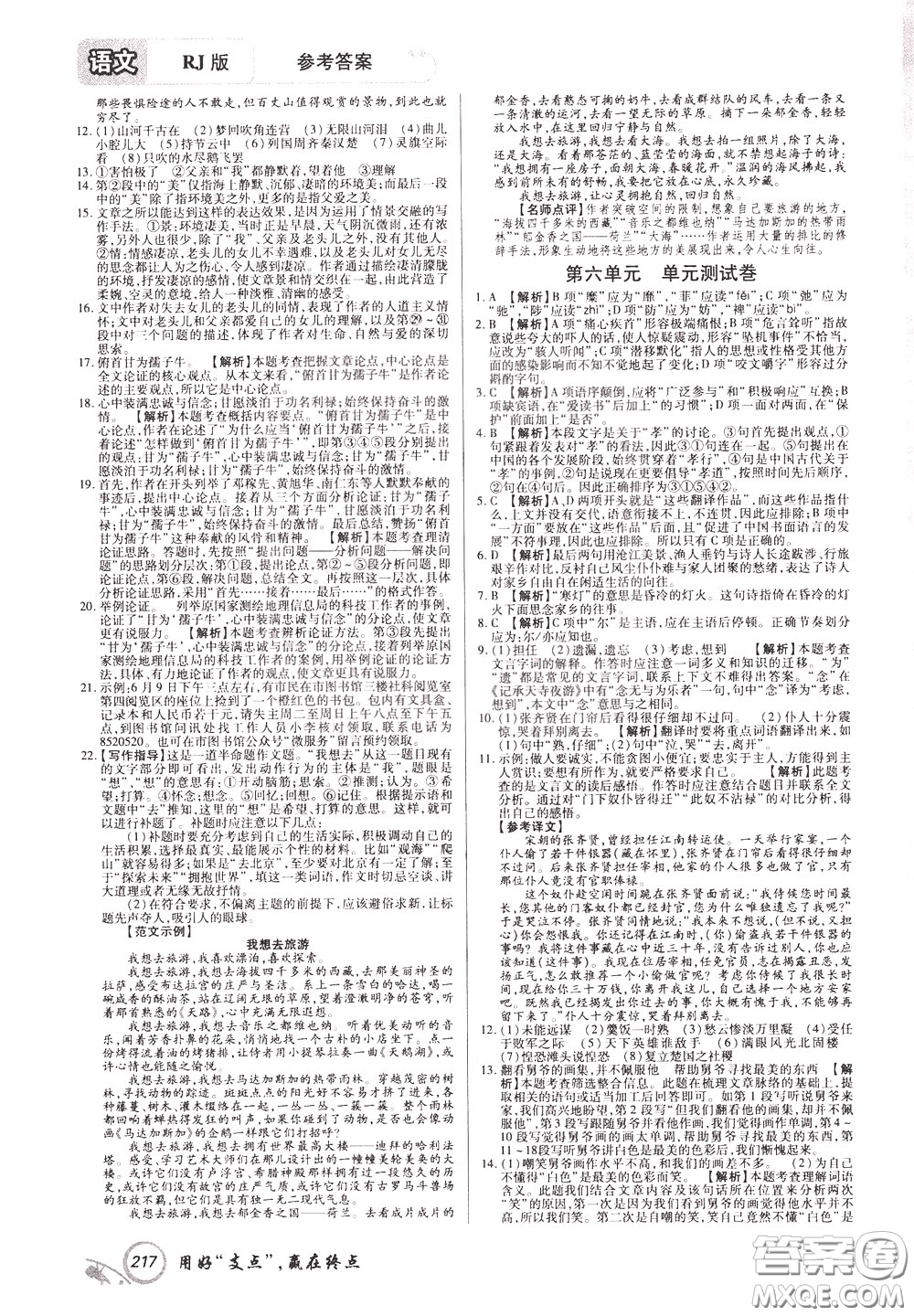 2020年支點(diǎn)語(yǔ)文九年級(jí)下冊(cè)RJ版人教版江西專(zhuān)版參考答案