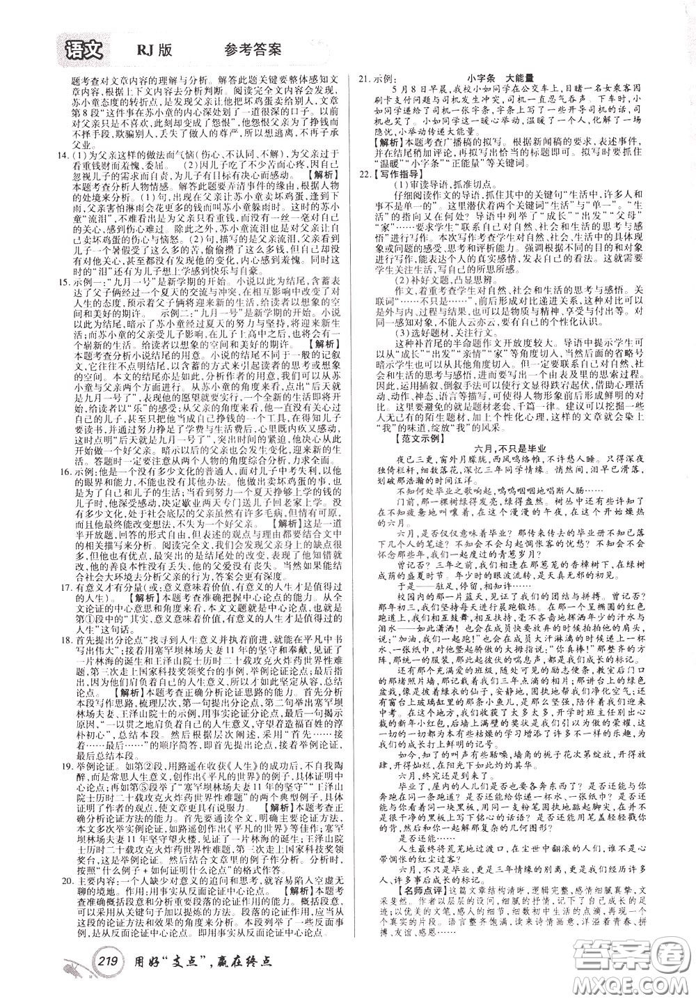 2020年支點(diǎn)語(yǔ)文九年級(jí)下冊(cè)RJ版人教版江西專(zhuān)版參考答案