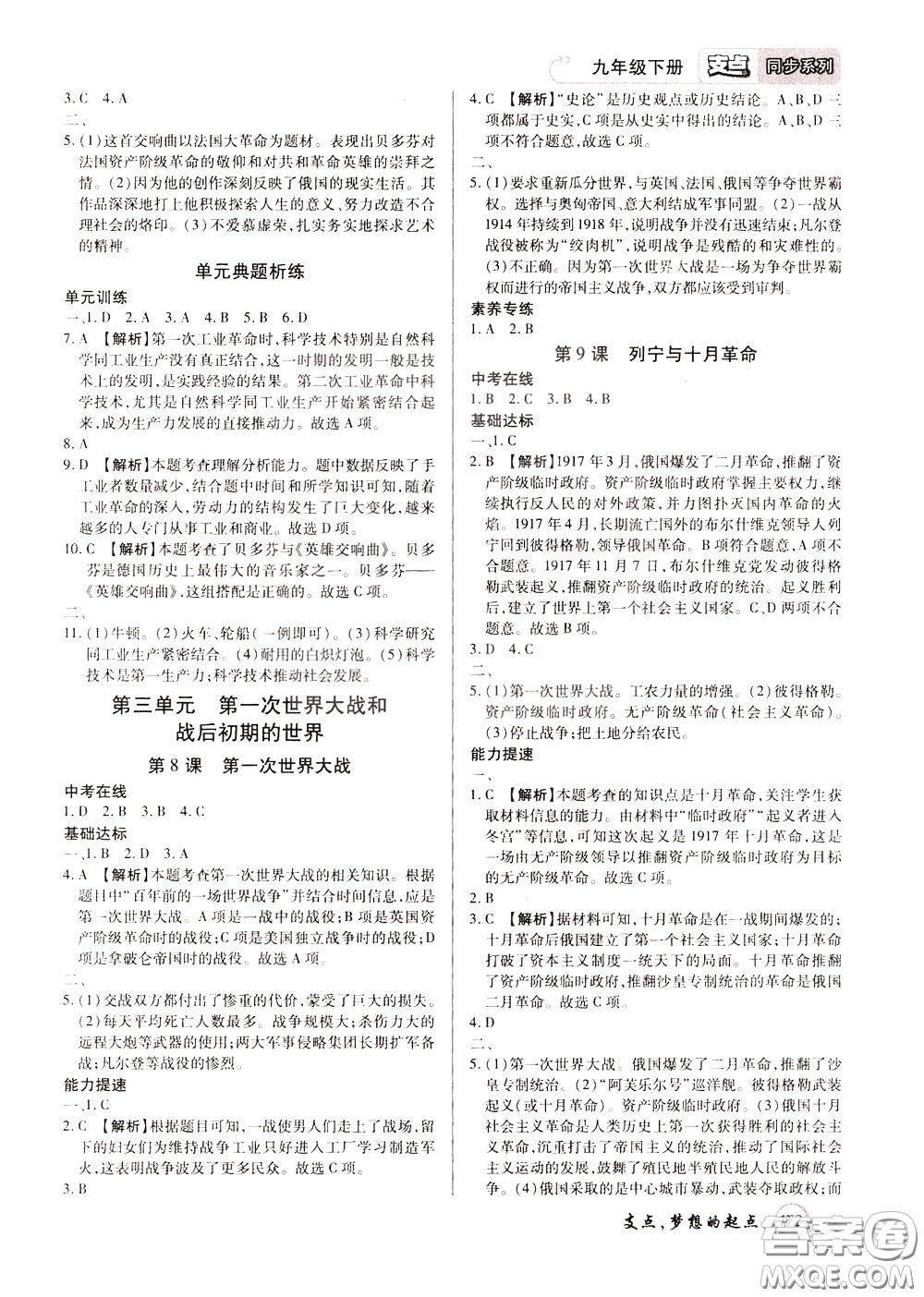 2020年支點歷史九年級下冊RJ版人教版江西專版參考答案