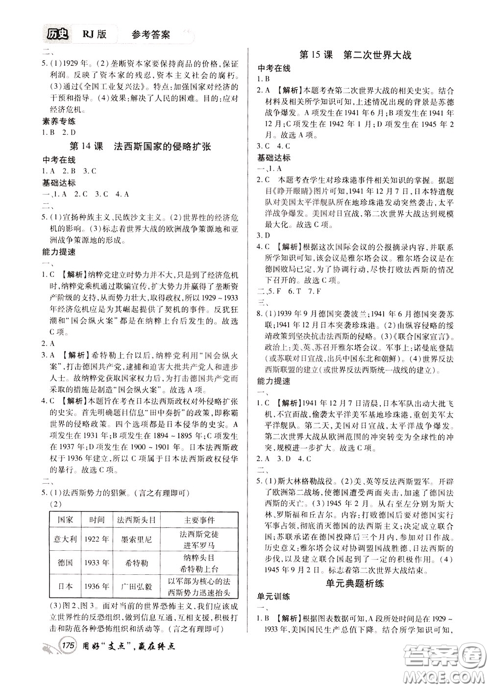 2020年支點歷史九年級下冊RJ版人教版江西專版參考答案