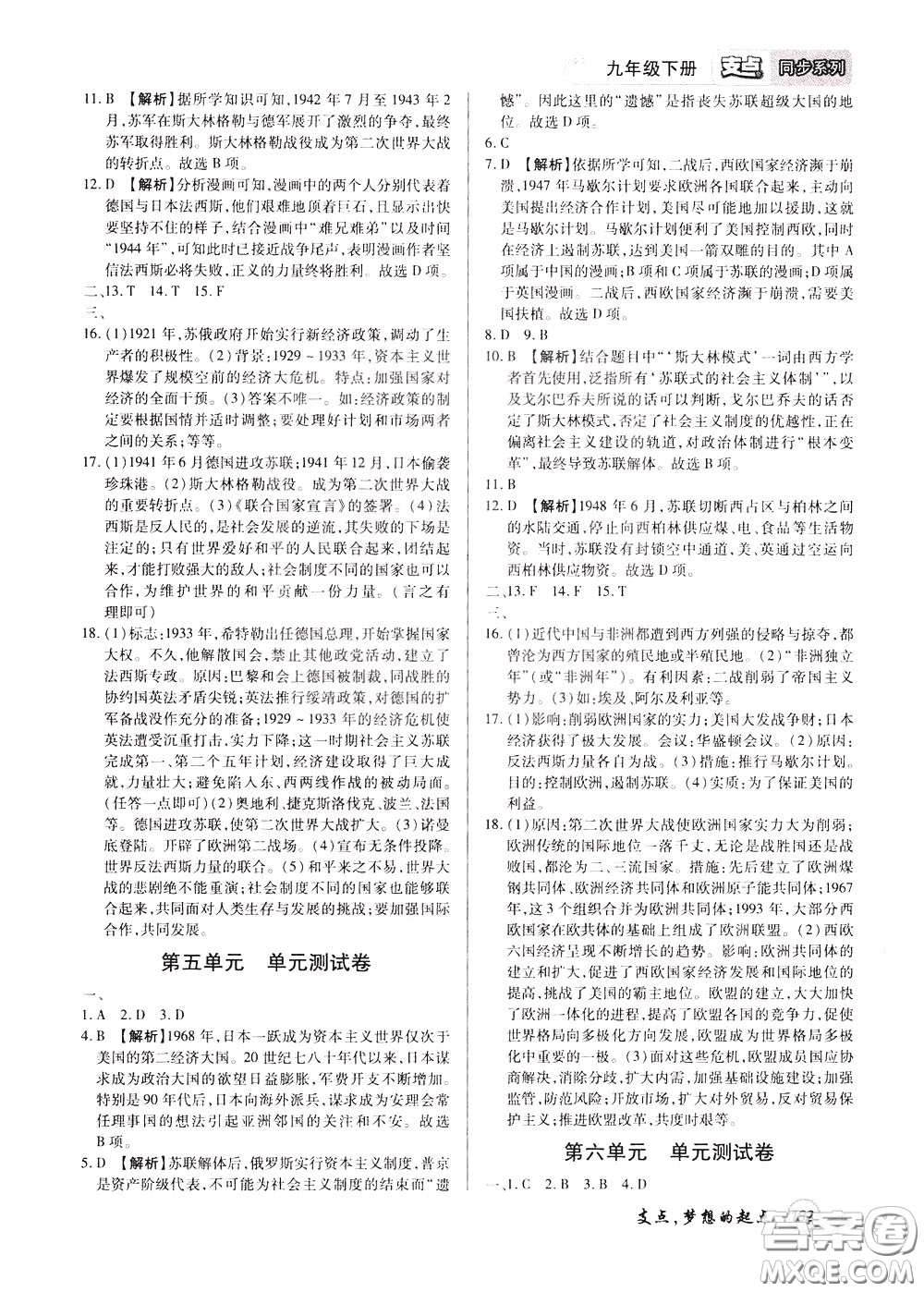 2020年支點歷史九年級下冊RJ版人教版江西專版參考答案