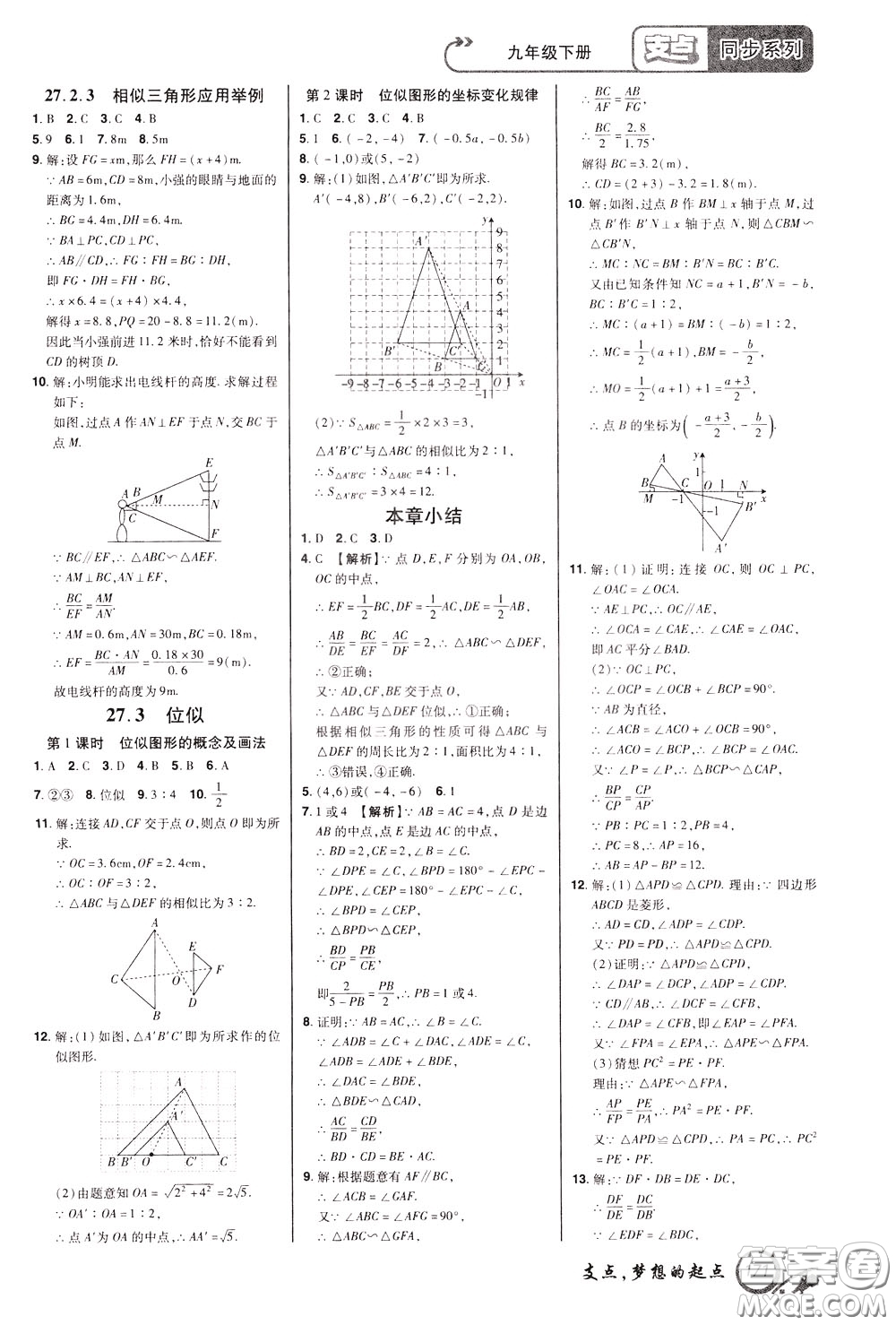 2020年支點(diǎn)數(shù)學(xué)九年級(jí)下冊(cè)RJ版人教版江西專版參考答案