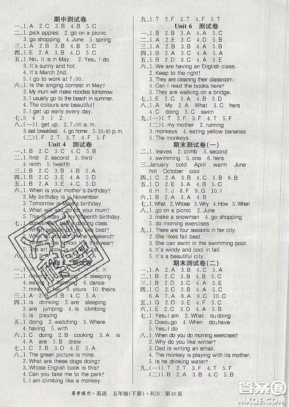 延邊教育出版社2020年新版導(dǎo)學(xué)練習(xí)樂享英語五年級(jí)下冊(cè)人教版答案