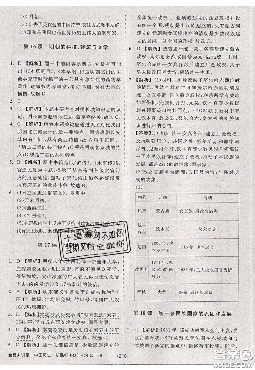 2020春全品大講堂初中歷史七年級(jí)下冊(cè)新課標(biāo)RJ人教版參考答案