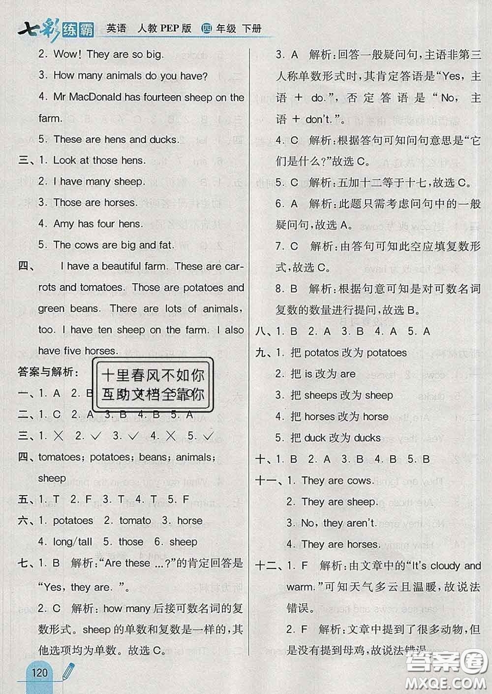 河北教育出版社2020新版七彩練霸四年級(jí)英語下冊(cè)人教版答案