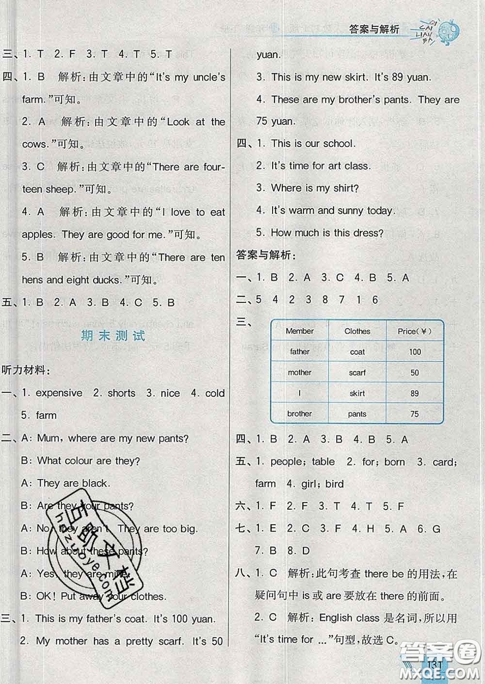 河北教育出版社2020新版七彩練霸四年級(jí)英語下冊(cè)人教版答案