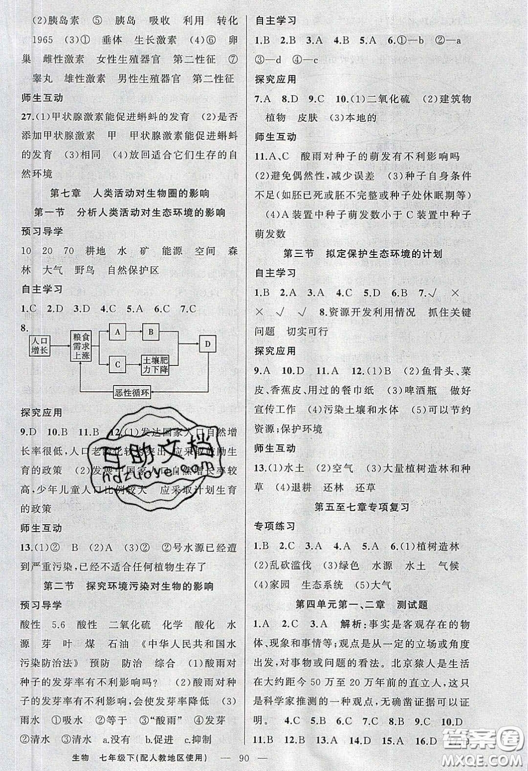 2020春原創(chuàng)新課堂七年級(jí)生物下冊(cè)人教版答案