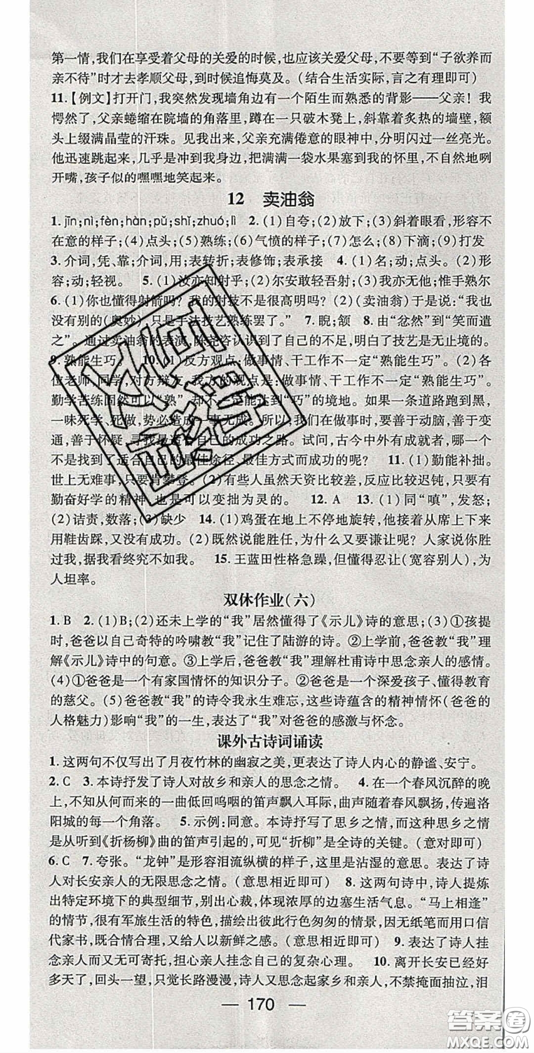 陽光出版社2020精英新課堂七年級語文下冊人教版答案